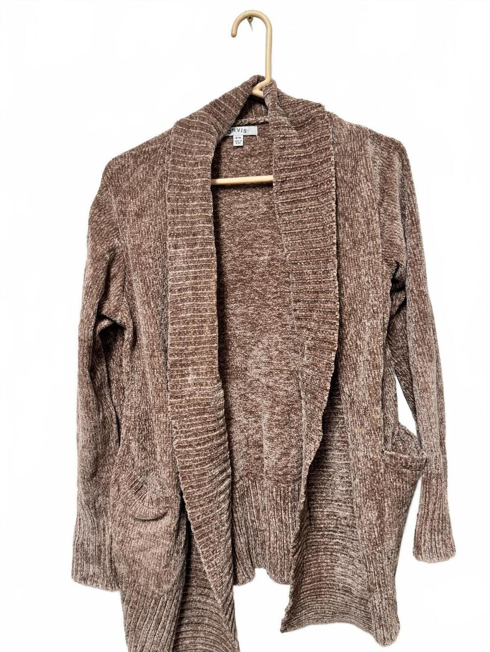 Orvis Chenille Open Front Shawl Collar Cardigan Brown Size M